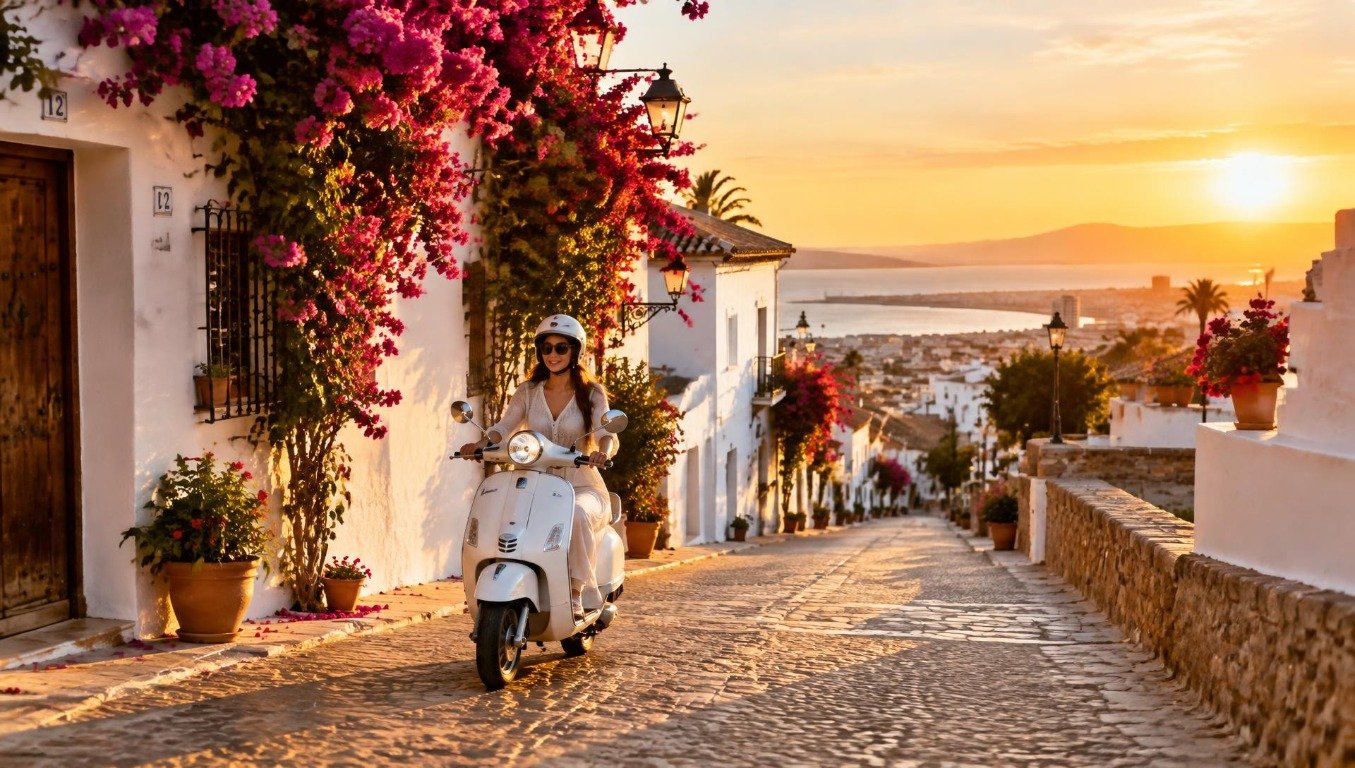 Una persona en un scooter blanco recorre una calle andaluza al atardecer